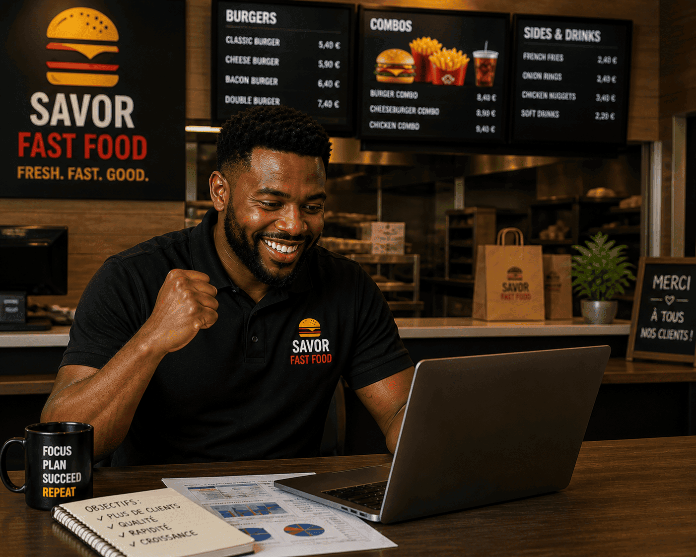 Fast food owner packing order with DeleevX app open on laptop